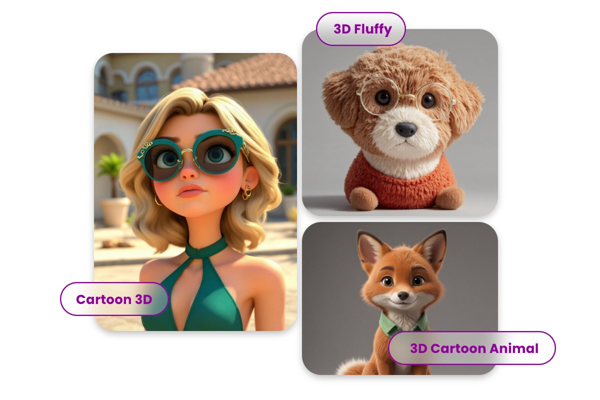 Various 3 D styles like fluffy cartoon and anime 3 D