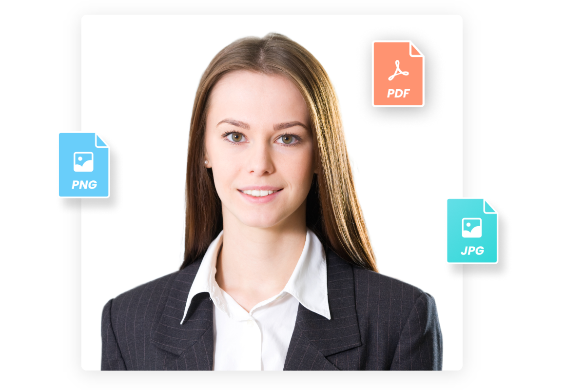 White background female image with pdf jpg and png icons