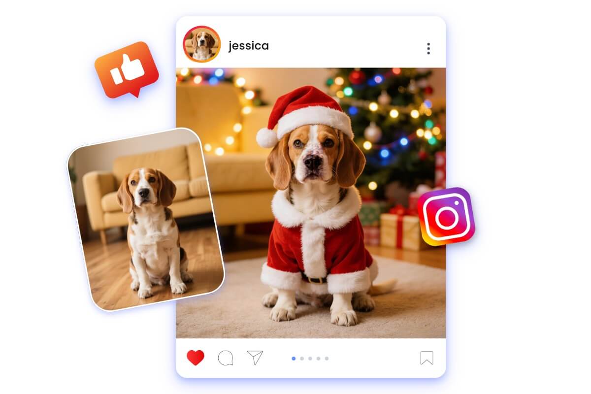 Write text prompts to ask AI to add Christmas vibe to photo for social media sharing