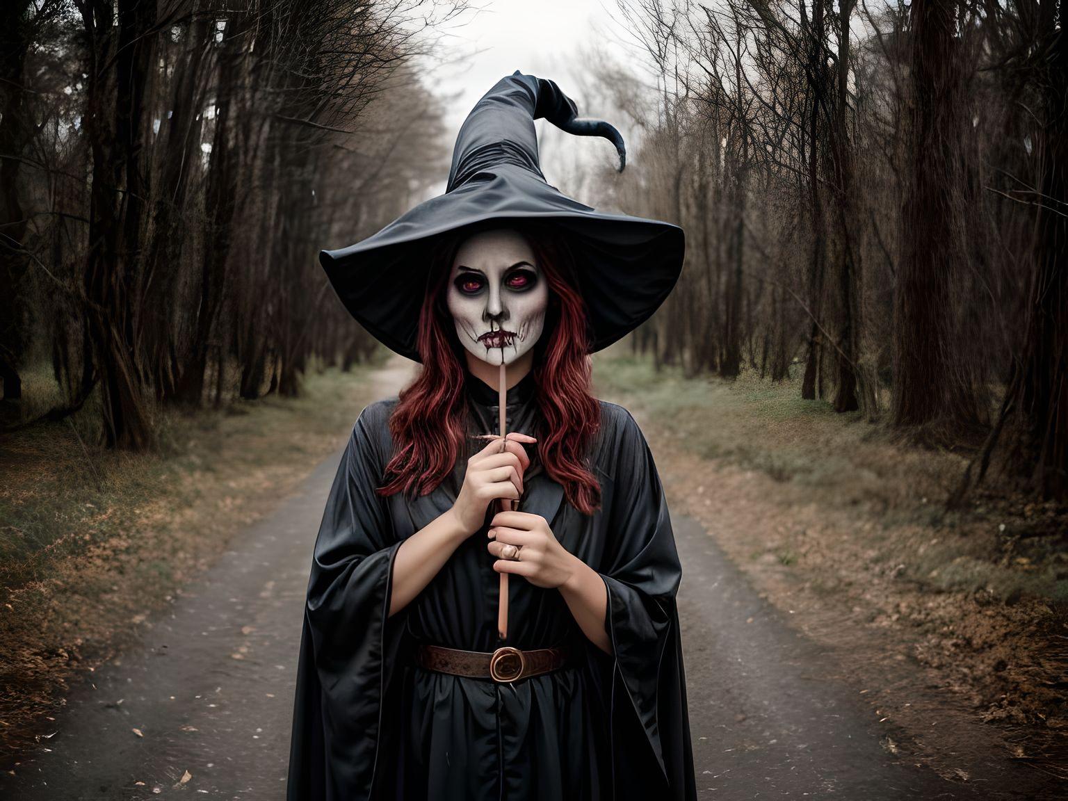 Jeune femme avec un maquillage sorcière effrayant portant un chapeau de sorcière et une longue robe noire et tenant une baguette magique dans les mains