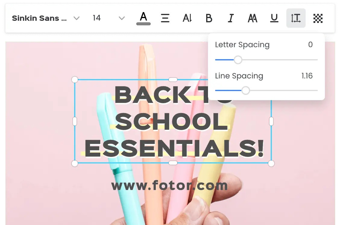 Регулировка расстояния между буквами в Fotor