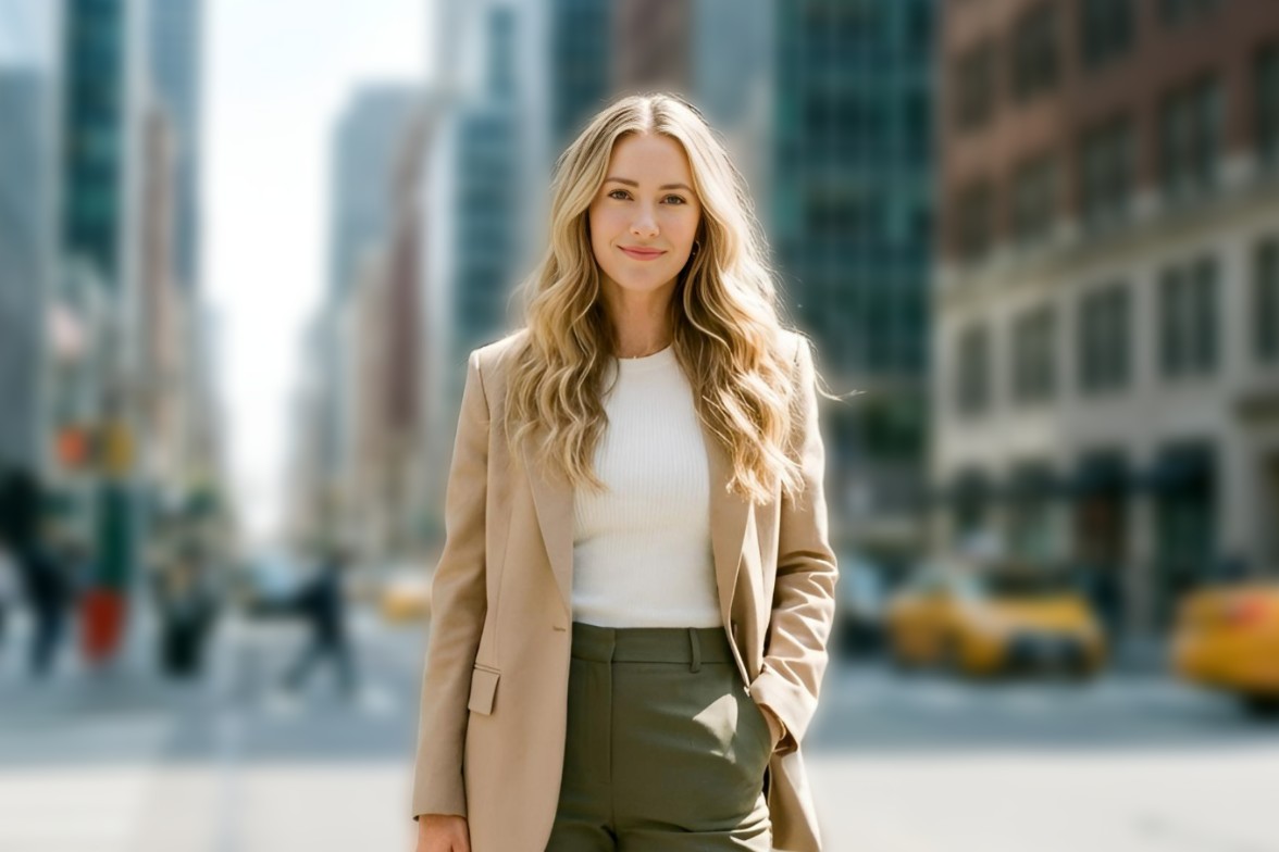 After image featuring a blonde haired woman with a blury background