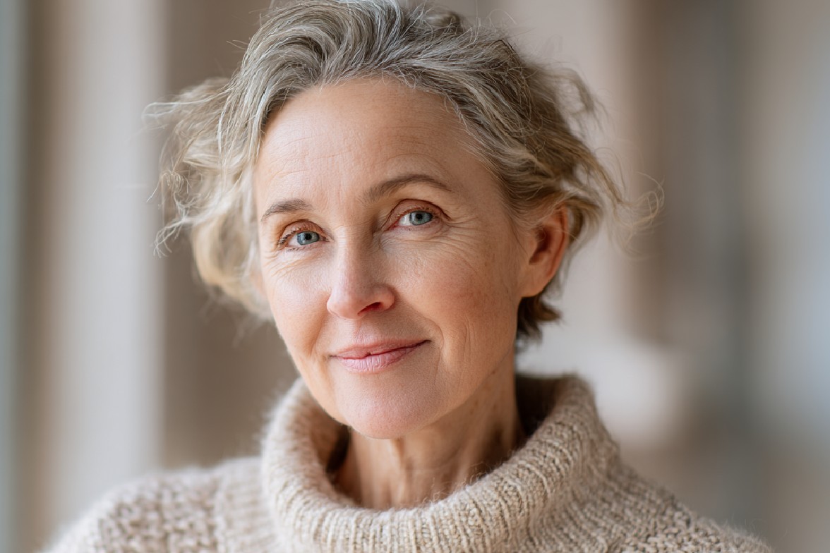 Before image featuring an old lady with white hairs and wrinkles