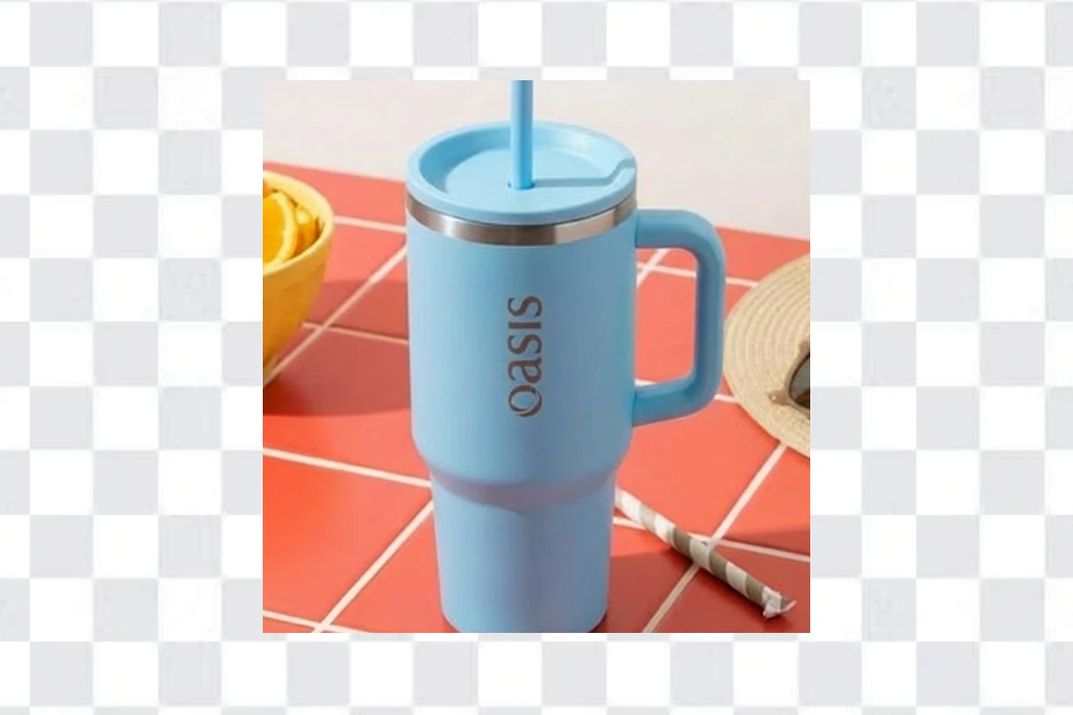 Horizontal landscape of the blue water bottle after AI image extension