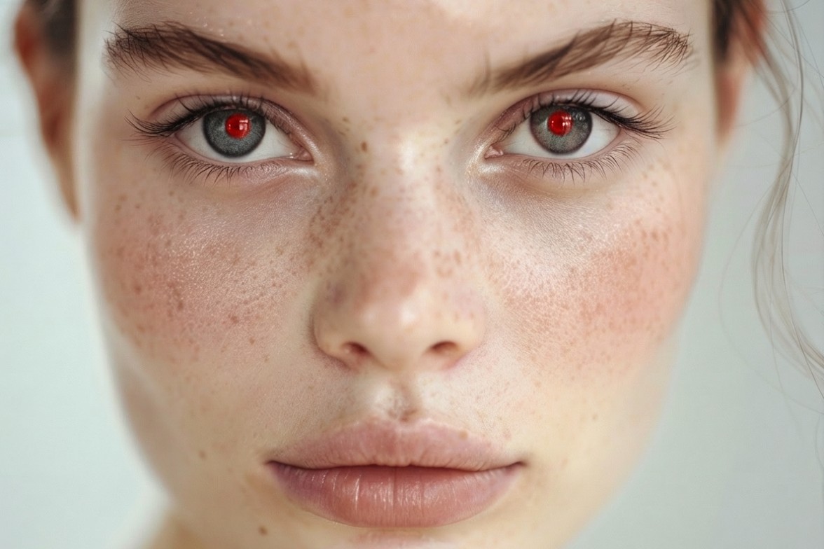 Image originale pour bannière montrant une femme européenne avec des yeux rouges