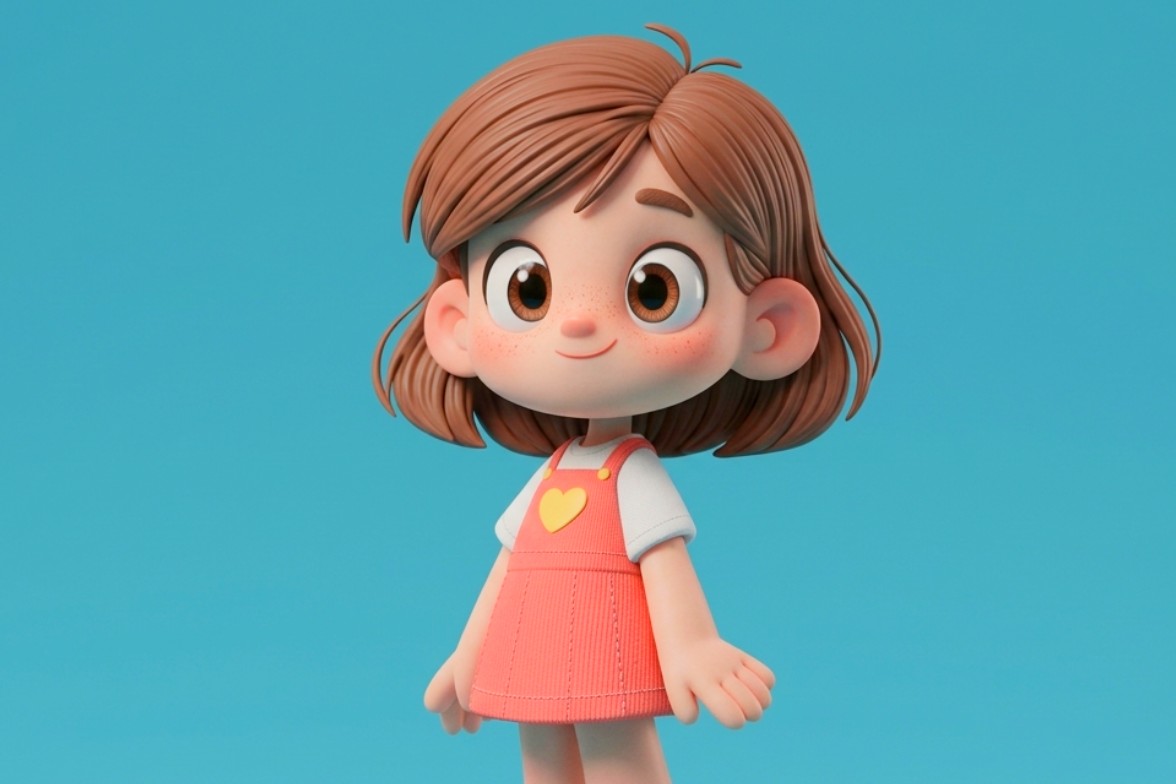 A 3 D style pohoto of a girl with short hair in pink dress