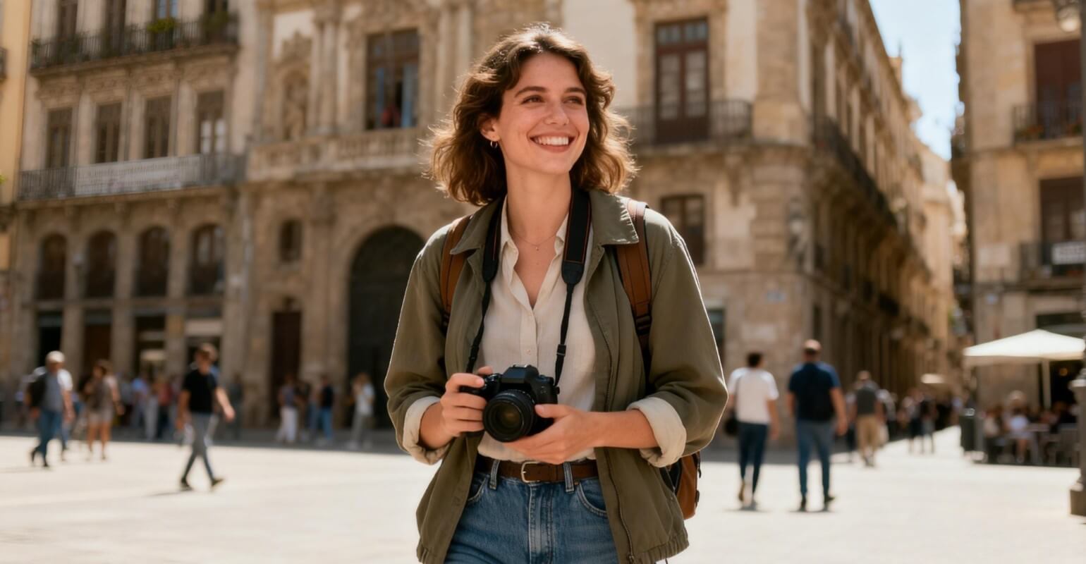 A woman holding a camera on the street denoised and de grained with fotor ai image denoiser