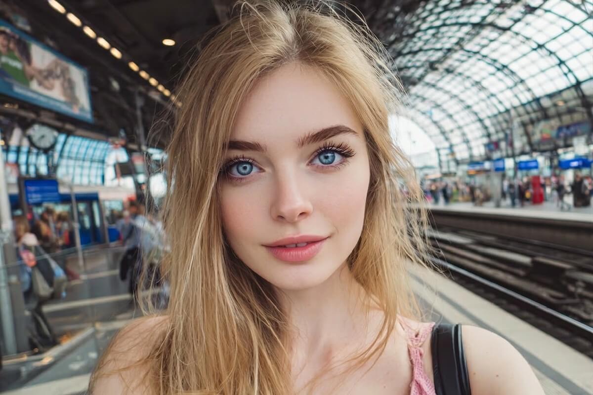 An edited photo of a woman with multiple blemishes removed