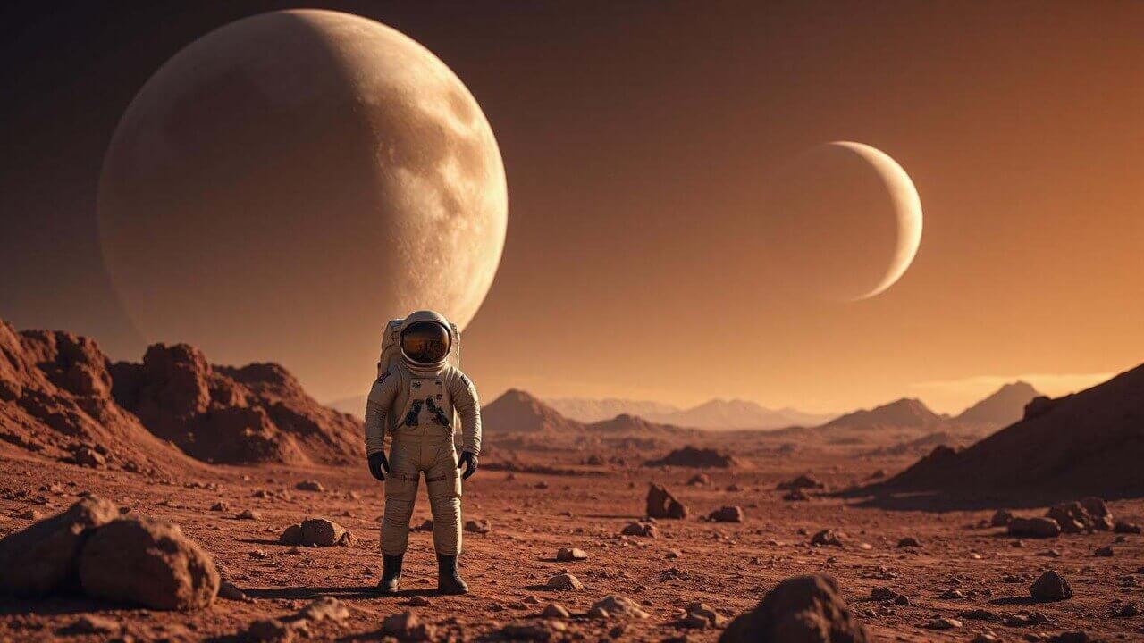 用 ai 生成一支科幻風格影片內容是一位太空人行走在紅色星球上