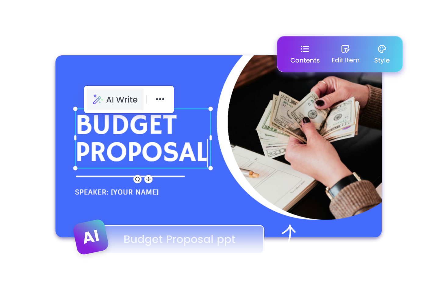 Use Fotor AI ppt maker to create a budget proposal slide with blue background