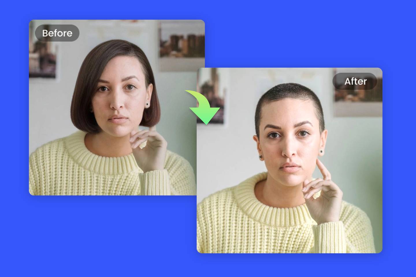 Verwenden Sie den Online-Buzz-Cut-Filter von Fotor, um eine Bob-Frisur bei Frauen in einen Buzz Cut zu verwandeln