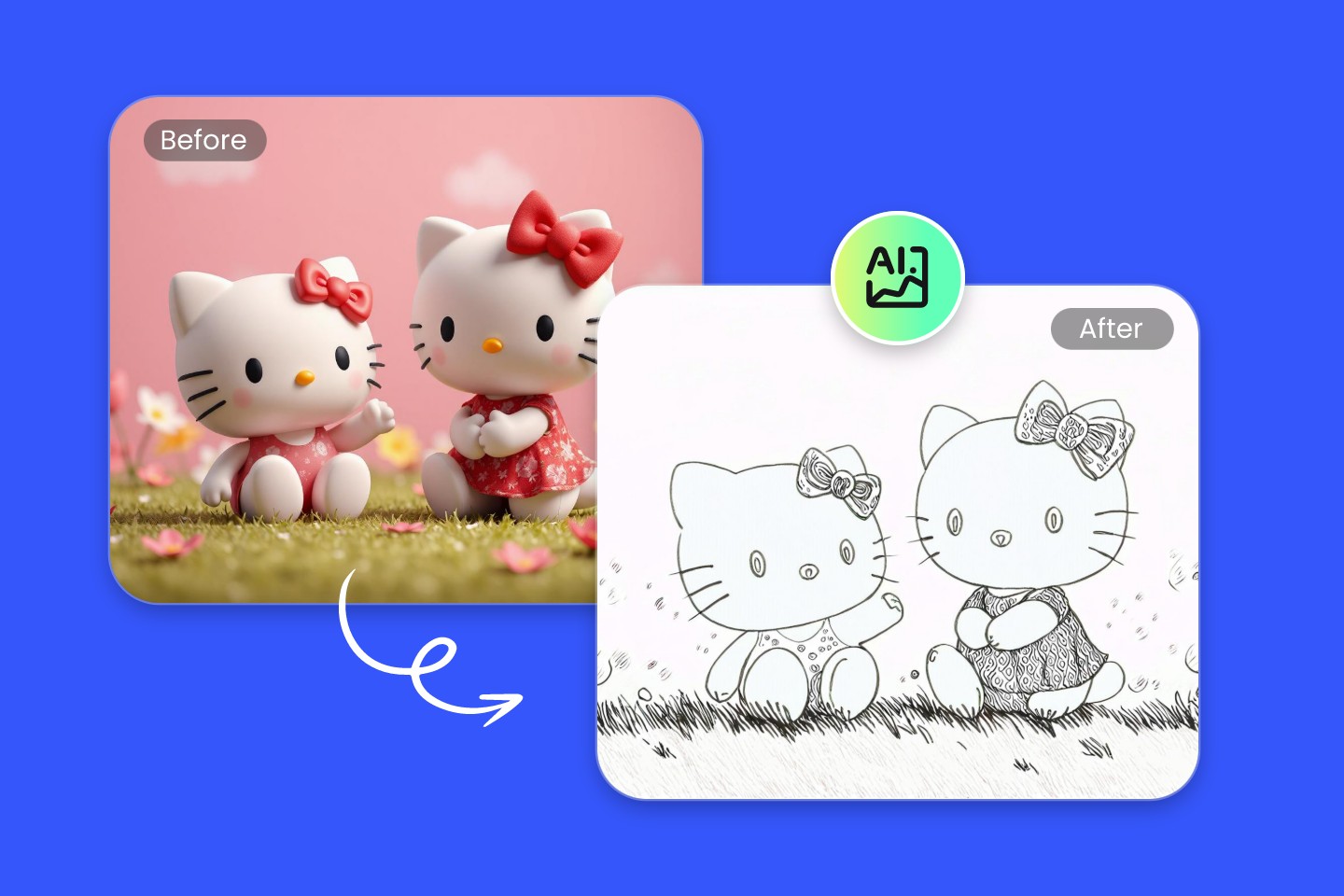 Convierte la imagen de dos Hello Kitties en una página para colorear con la herramienta de Fotor.