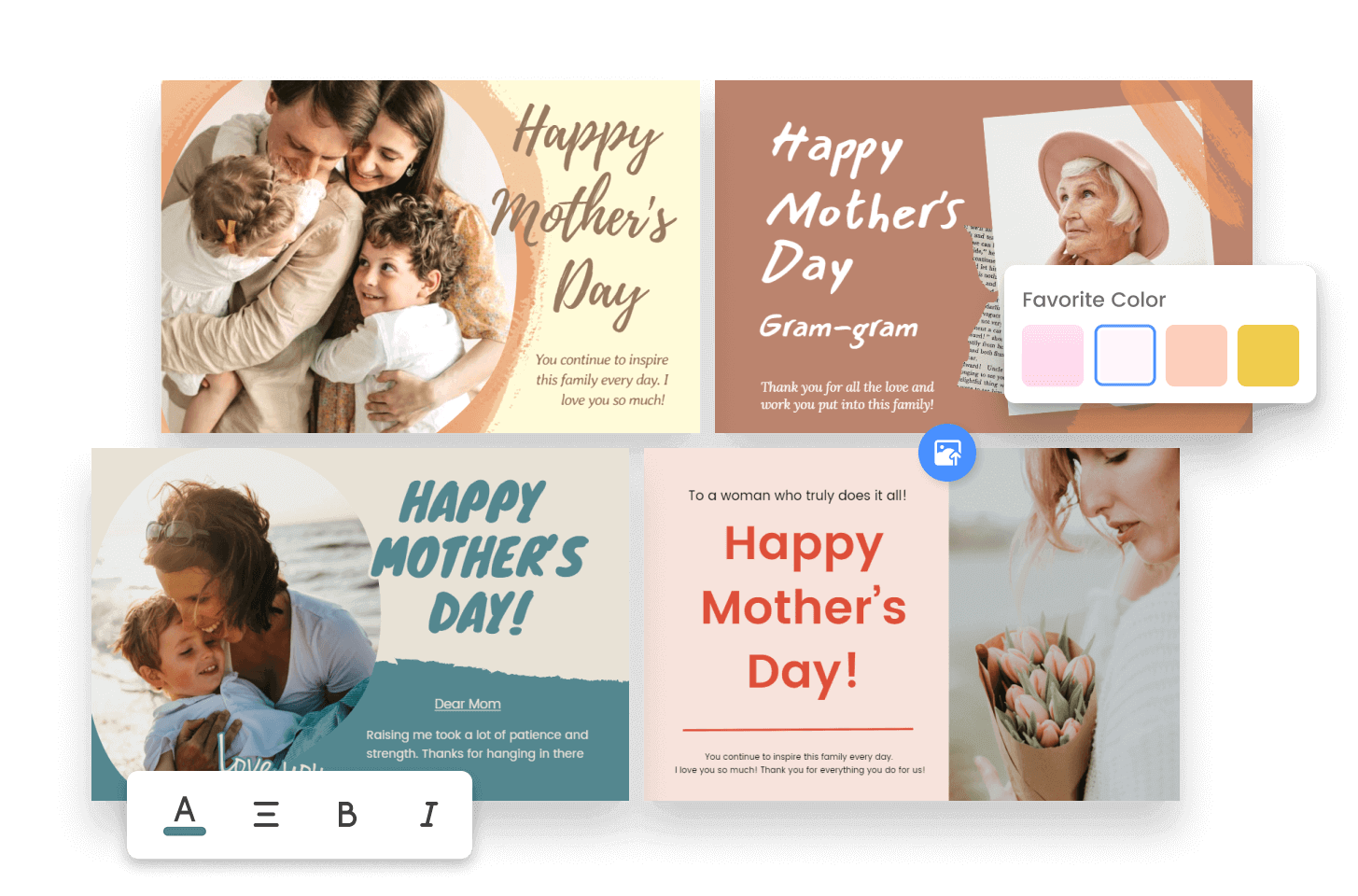 Quatre modèles de cartes de Fête des mères de Fotor à personnaliser en modifiant des paramètres