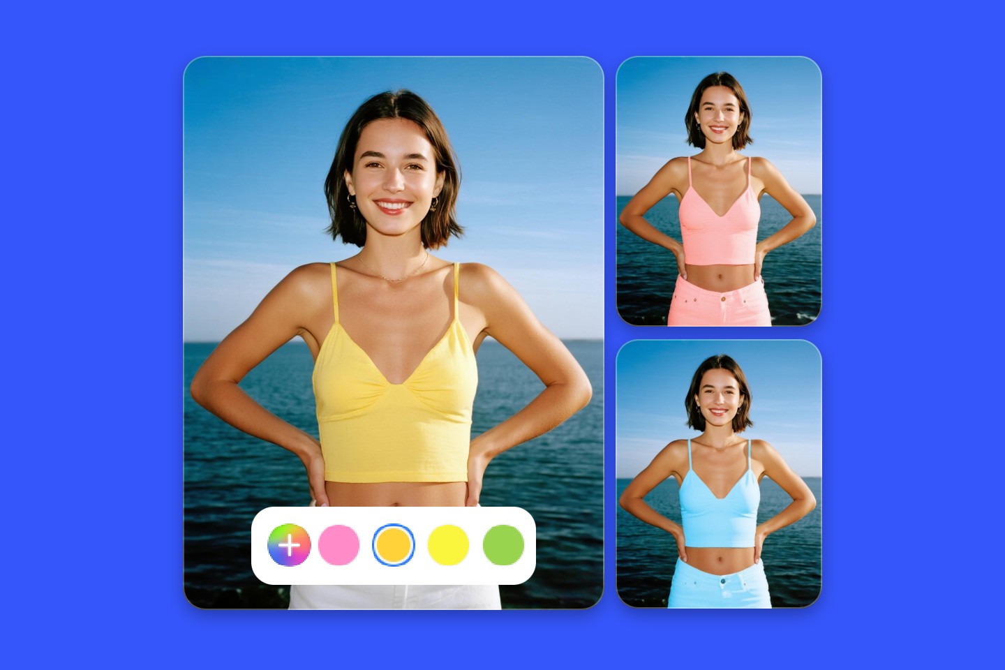 Mit Fotor’s KI-Tool für Bild-Umfärbung lässt sich die Farbe des Oberteils einer Frau von Gelb in Pink oder Blau ändern