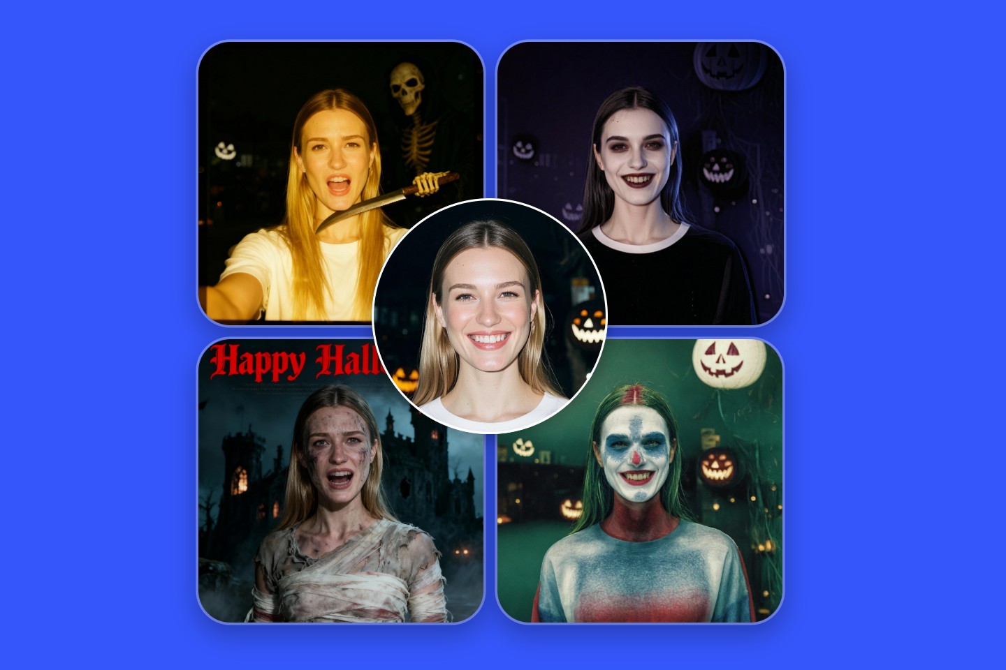 Mit dem kostenlosen Halloween-Filter von Fotor wird ein Frauenporträt in verschiedene gruselige Halloween-Looks verwandelt