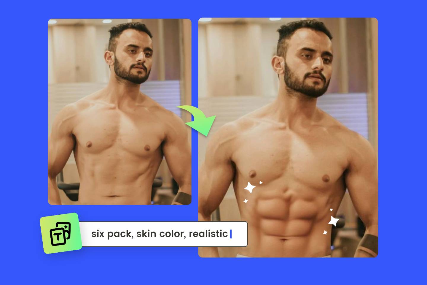 Fügen Sie einem männlichen, halbnackten Foto mit dem Fotor Sixpack-Fotoeditor ein Sixpack hinzu.