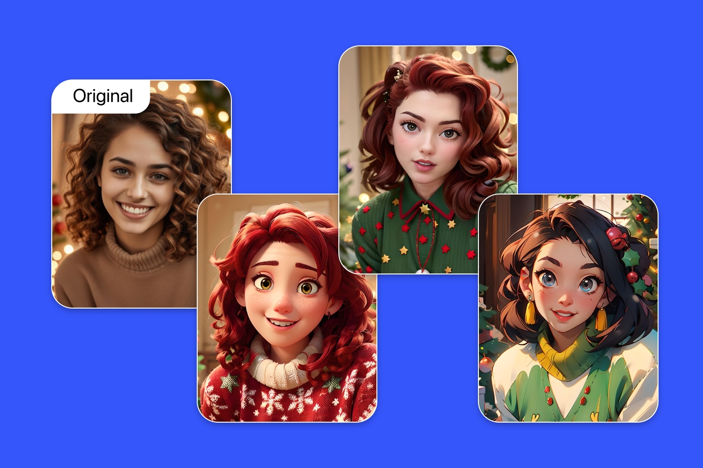 Banner image for fotor ai christmas photo generator featuring three xmas vibe photo created from a lady