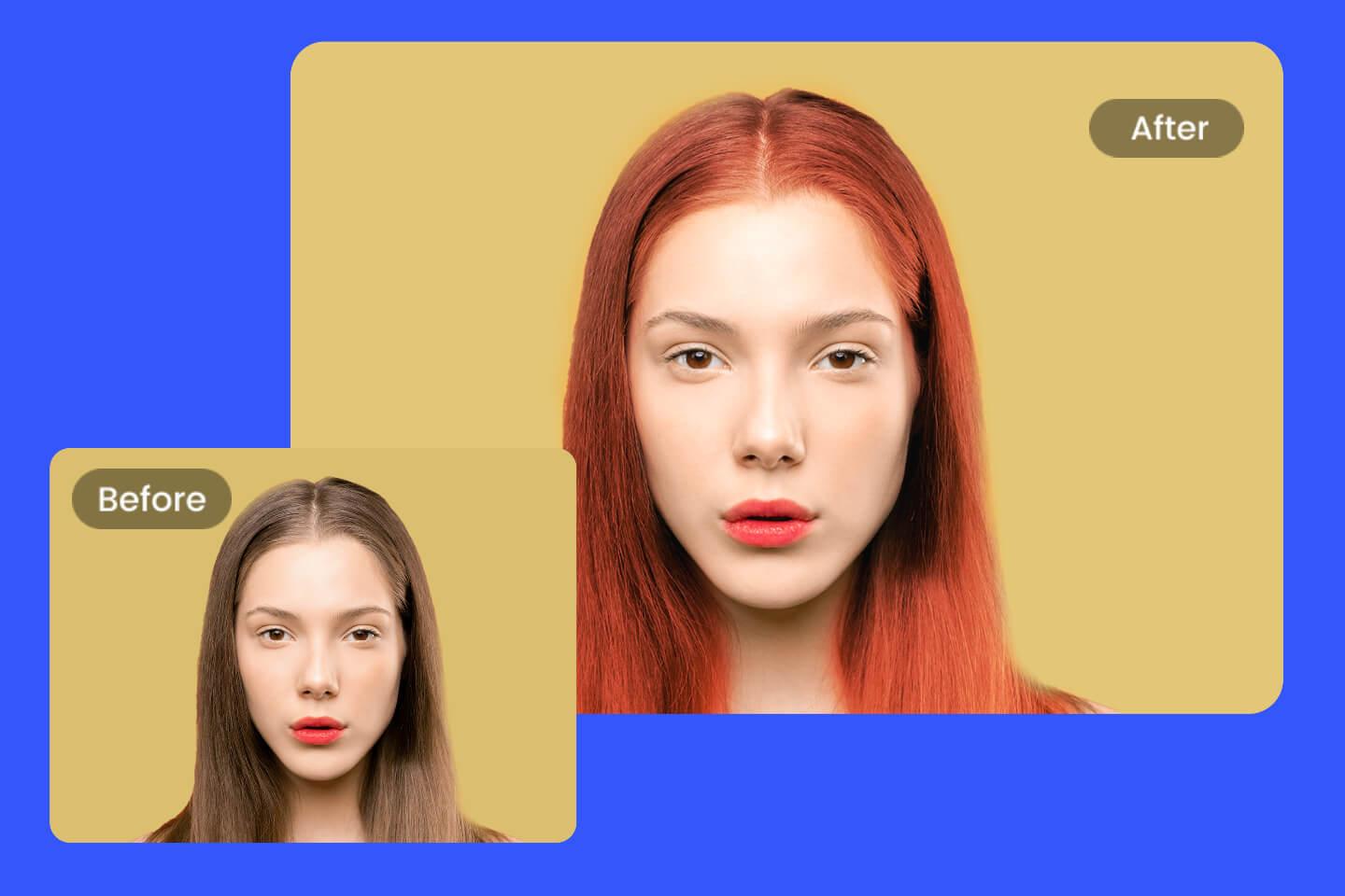 Prima e dopo il risultato del cambio di colore dei capelli di una donna.