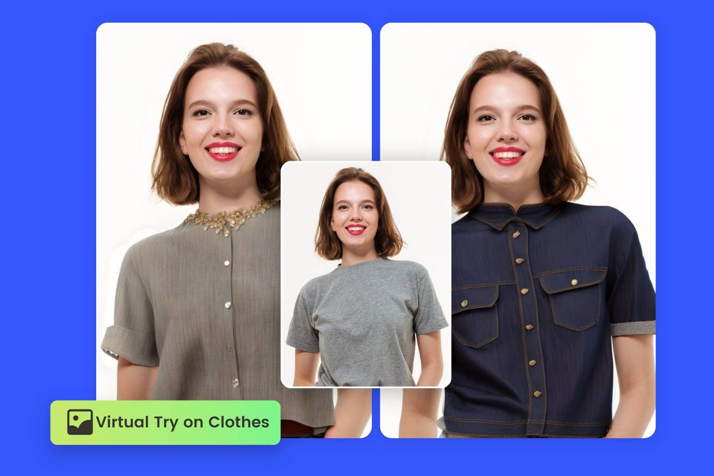 女性バーチャルモデルがFotor試着ツールで3種類の異なるスタイルの服を試着