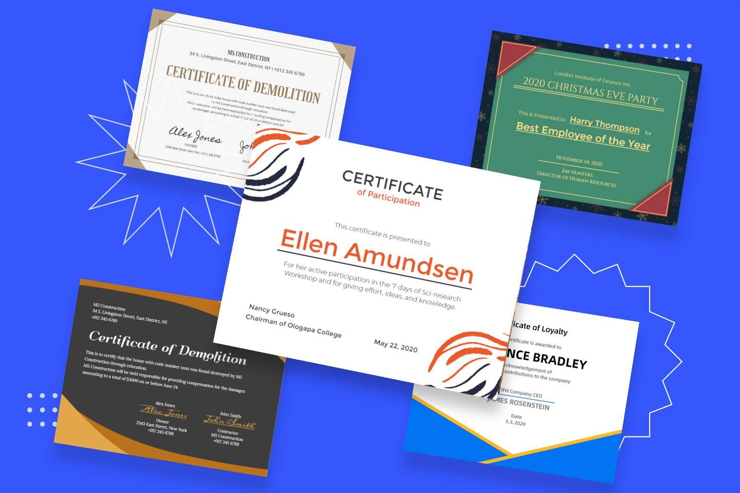 Five certificates templates from Fotor