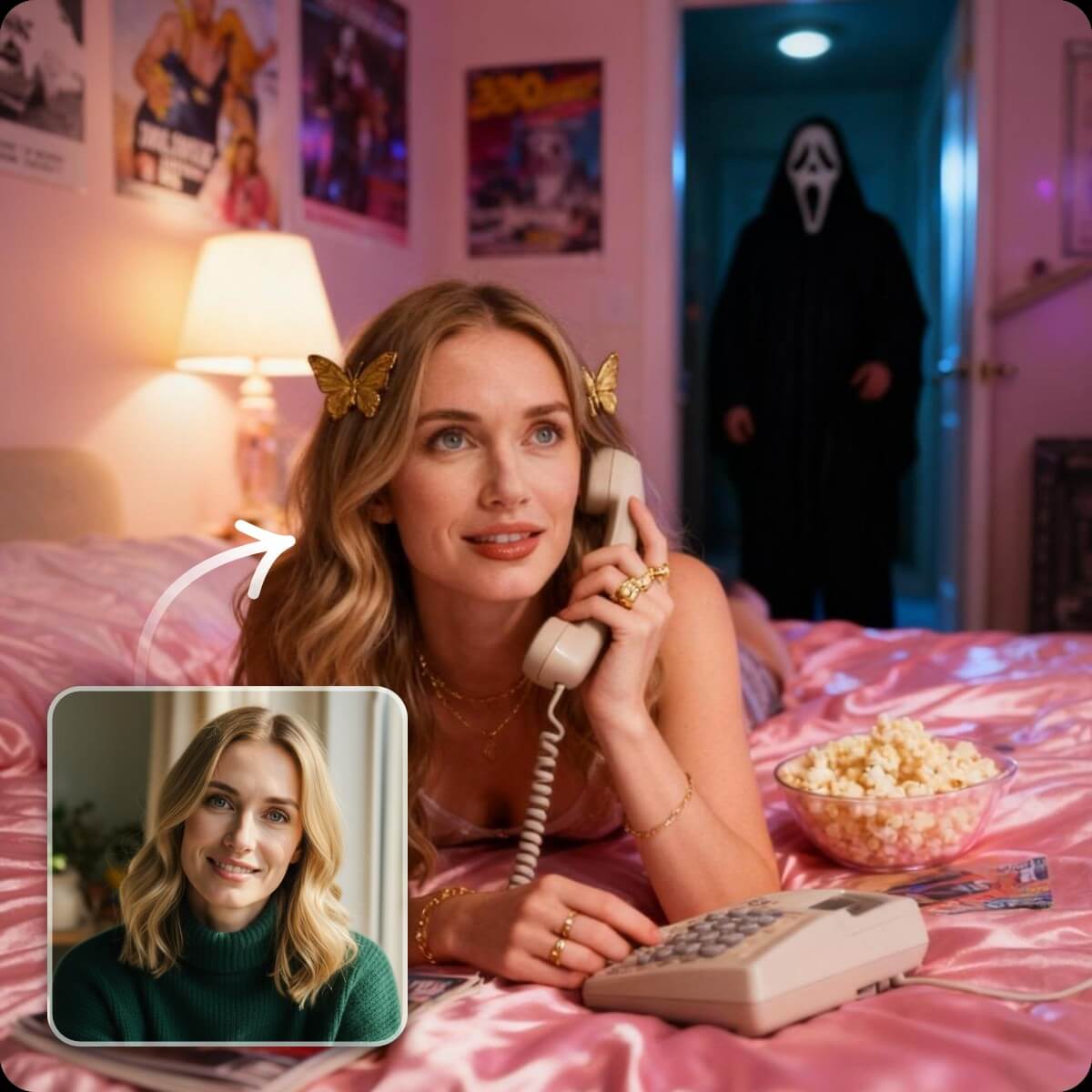 Utiliser une photo d'une femme en train de passer un appel téléphonique pour générer une image avec Ghostface derrière elle