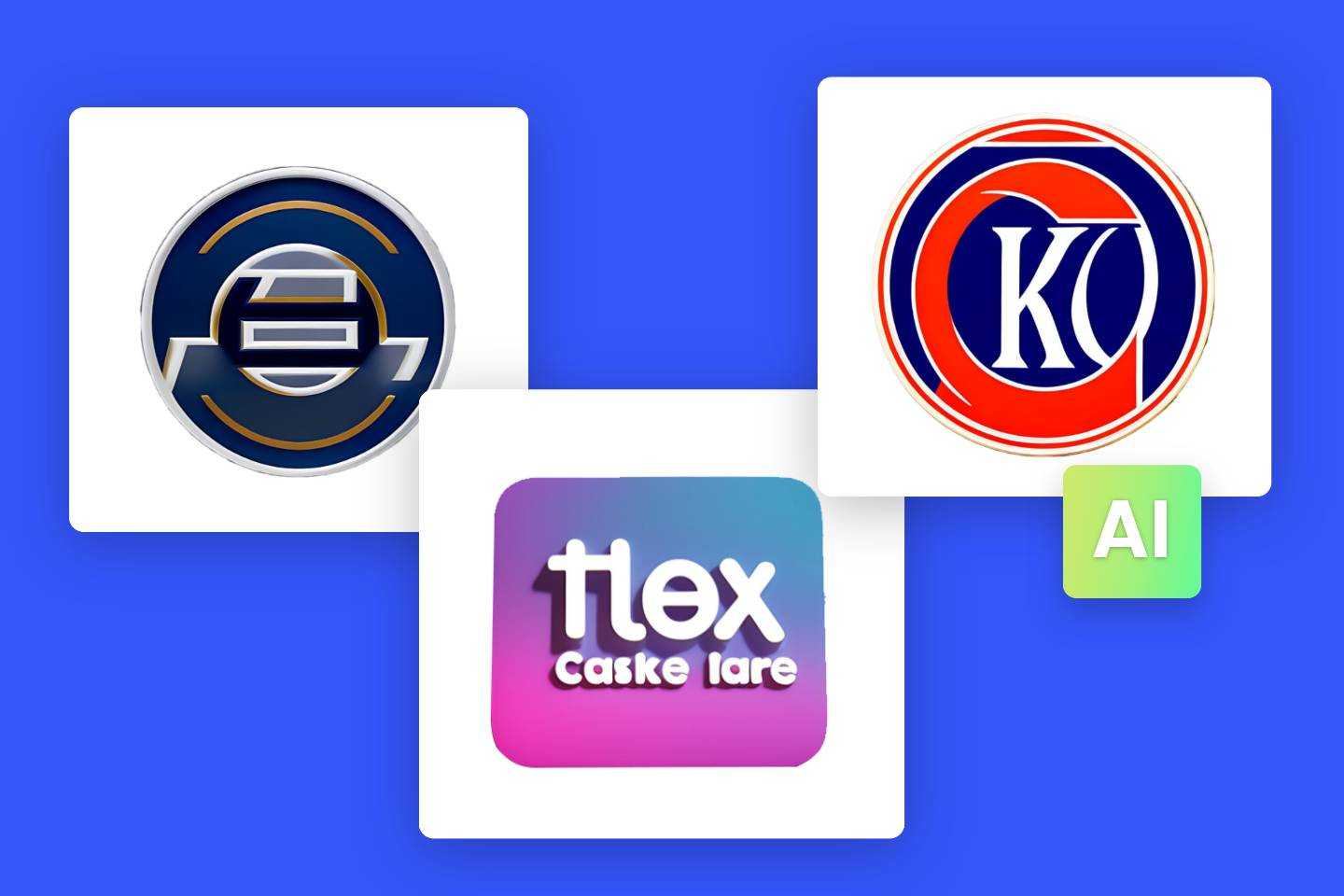 Trois logos générés par IA en bleu foncé, rouge et rose dégradé par le générateur de logos IA en ligne de Fotor