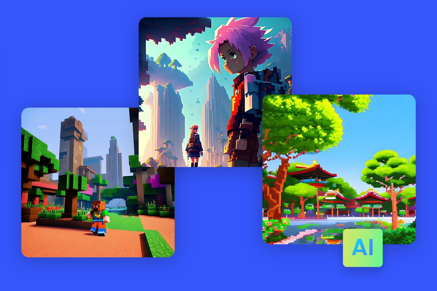 Trois dessins de pixels générés par le générateur AI d'art pixel