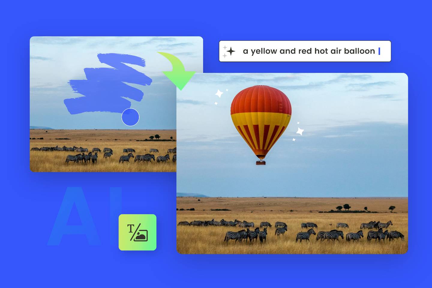 Use fotor ai image inpainting tool to add a hot air balloon for the landscape image